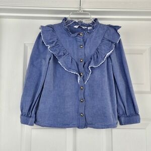 Janie And Jack The Equestrian Show Ruffle Top Blue Size 4 Long Sleeve Button-Up